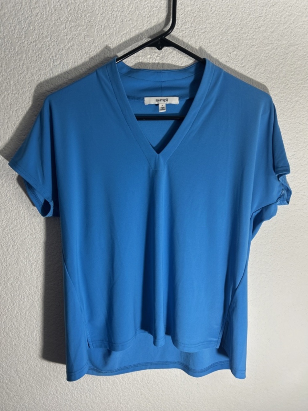 Sympli Womens 6 Deep V Top Short Sleeve Light Blue Jersey Knit Lagenlook Summer